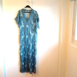 ZARA blue Elegant Sheer Embroidered Floral-Lace vneck dress NWOT